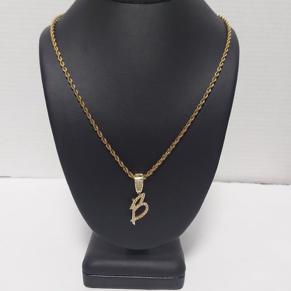 20” Gold Tennis Rope with “B” Initial Iced Out Pendant - Picture 1 of 4